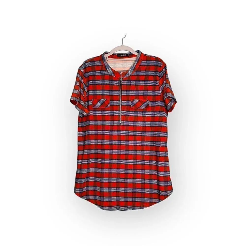 Zennilo plaid half zip shirt sleeve tunic women’s size 1x orange